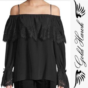 Gold Hawk Cold- Shoulder Silk Flounce Top Black S